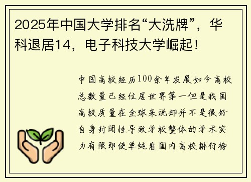 2025年中国大学排名“大洗牌”,华科退居14,电子科技大学崛起!