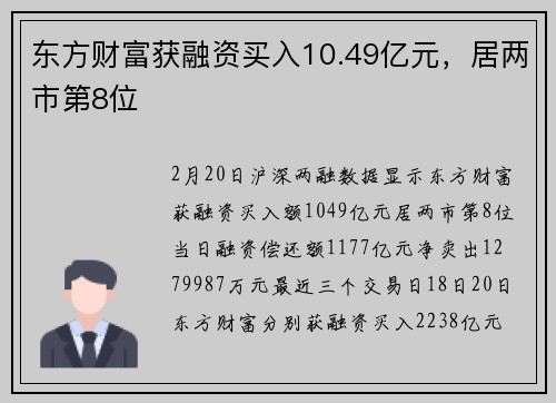 东方财富获融资买入10.49亿元，居两市第8位