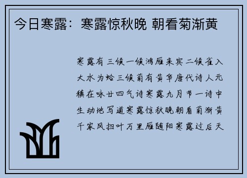 今日寒露:寒露惊秋晚 朝看菊渐黄