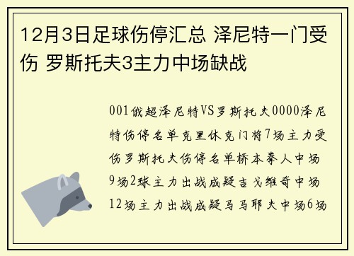 12月3日足球伤停汇总 泽尼特一门受伤 罗斯托夫3主力中场缺战