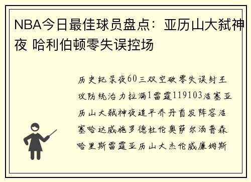 NBA今日最佳球员盘点：亚历山大弑神夜 哈利伯顿零失误控场
