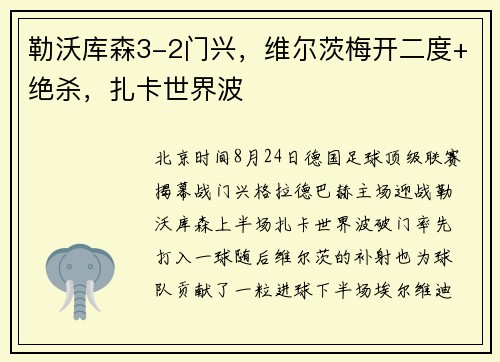 勒沃库森3-2门兴,维尔茨梅开二度+绝杀,扎卡世界波