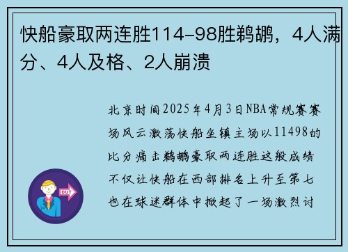 快船豪取两连胜114-98胜鹈鹕,4人满分、4人及格、2人崩溃